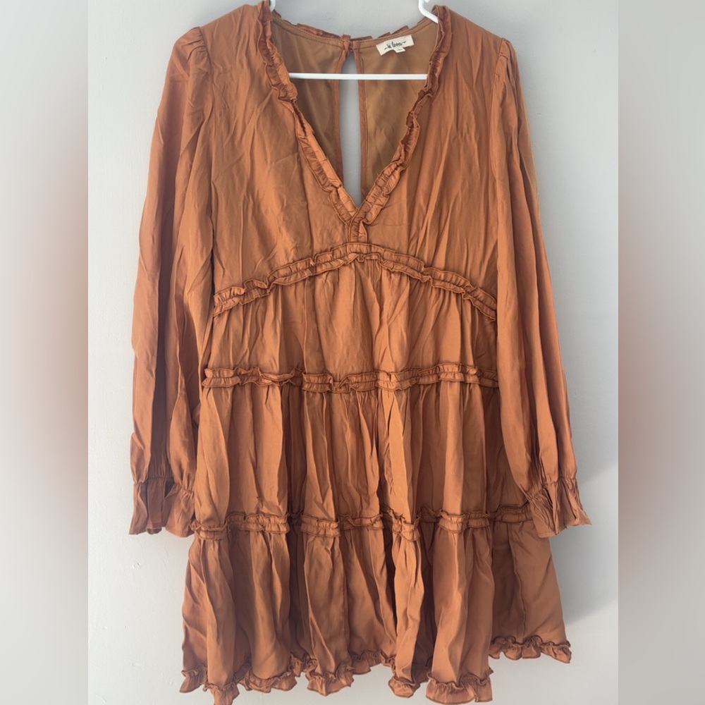 Rust Orange Ruffled V-Neck Dress
